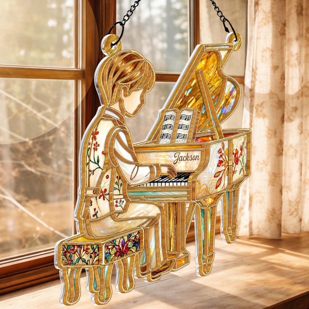 Girl Playing Piano Suncatcher Ornament - Personalized Custom Music Gift for Pianists & Music Lovers