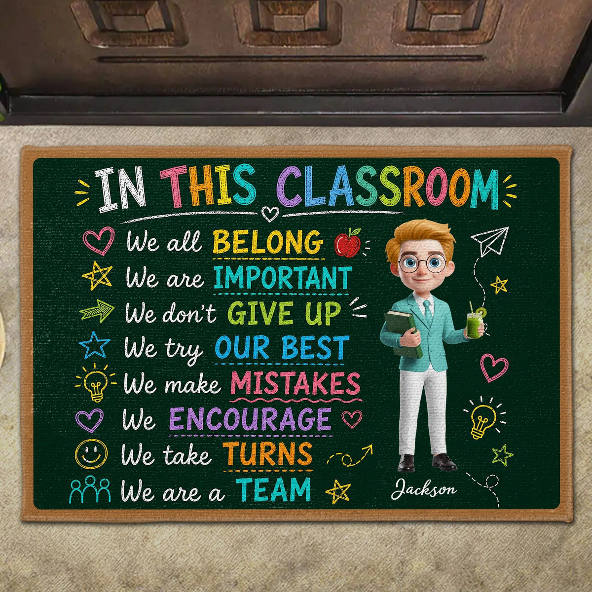 "In This Classroom We All Belong" Personalized Teacher Doormat - Chalkboard Classroom Decor Gift