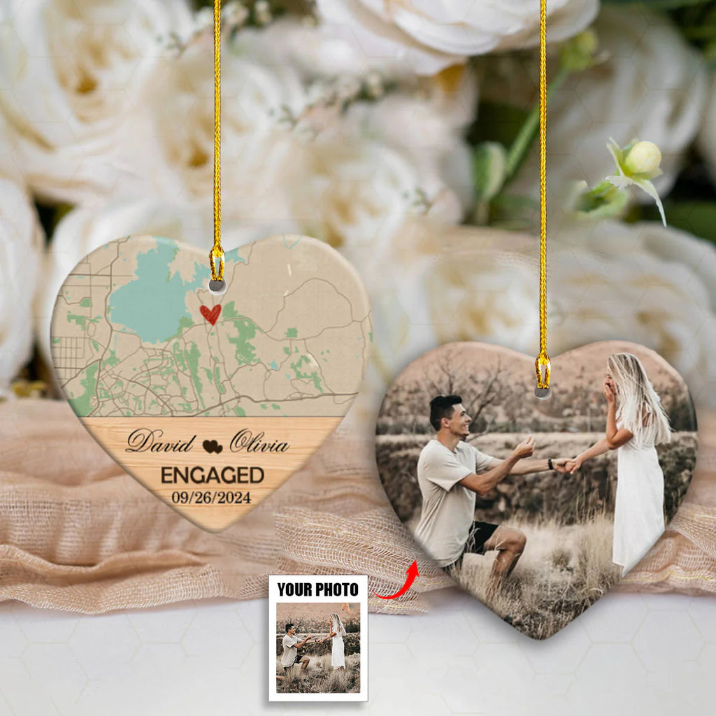 Personalized Engagement Ceramic Ornament - Custom Heart Photo Keepsake Gift