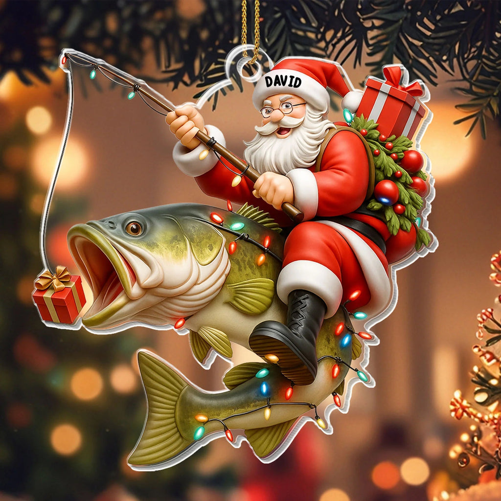 Santa Riding Bass Fishing Acrylic Ornament - Personalized Christmas Keepsake Gift for Anglers and Fishing Dads