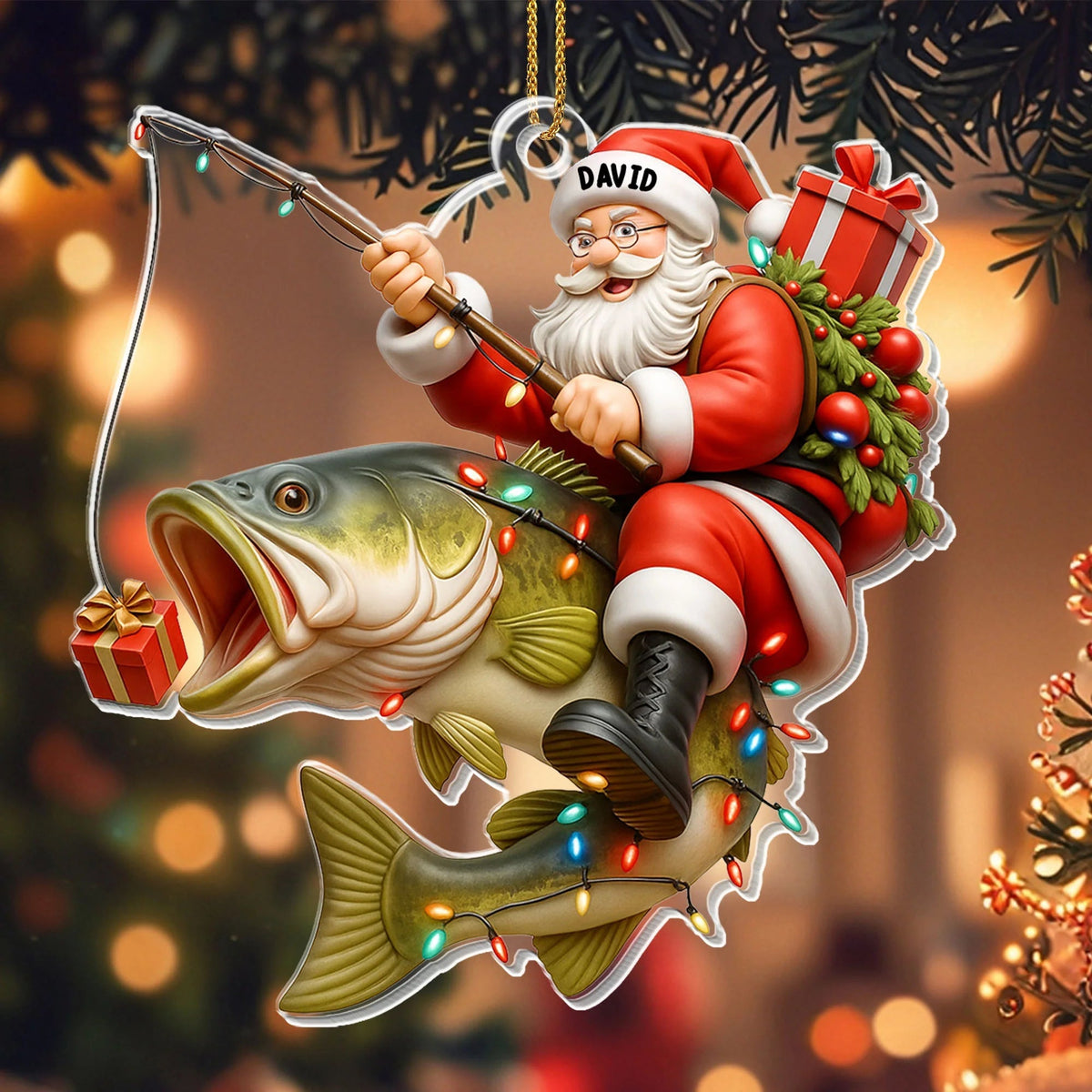 Santa Riding Bass Fishing Acrylic Ornament - Personalized Christmas Keepsake Gift for Anglers and Fishing Dads