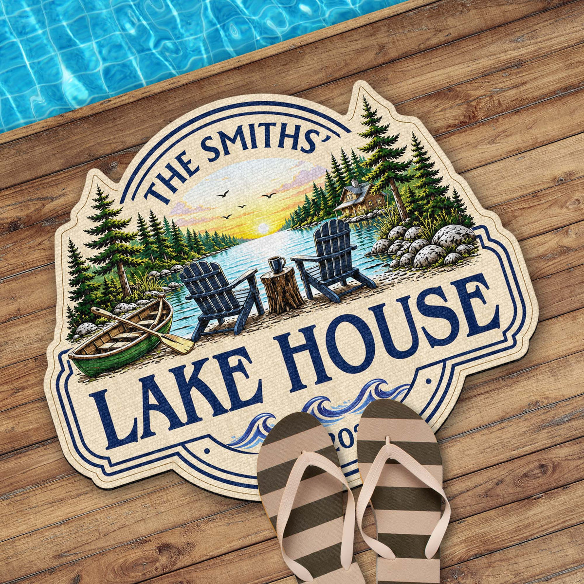 Our Lake House Sunset Adirondack Chairs - Personalized Custom Shaped Doormat Gift for Family