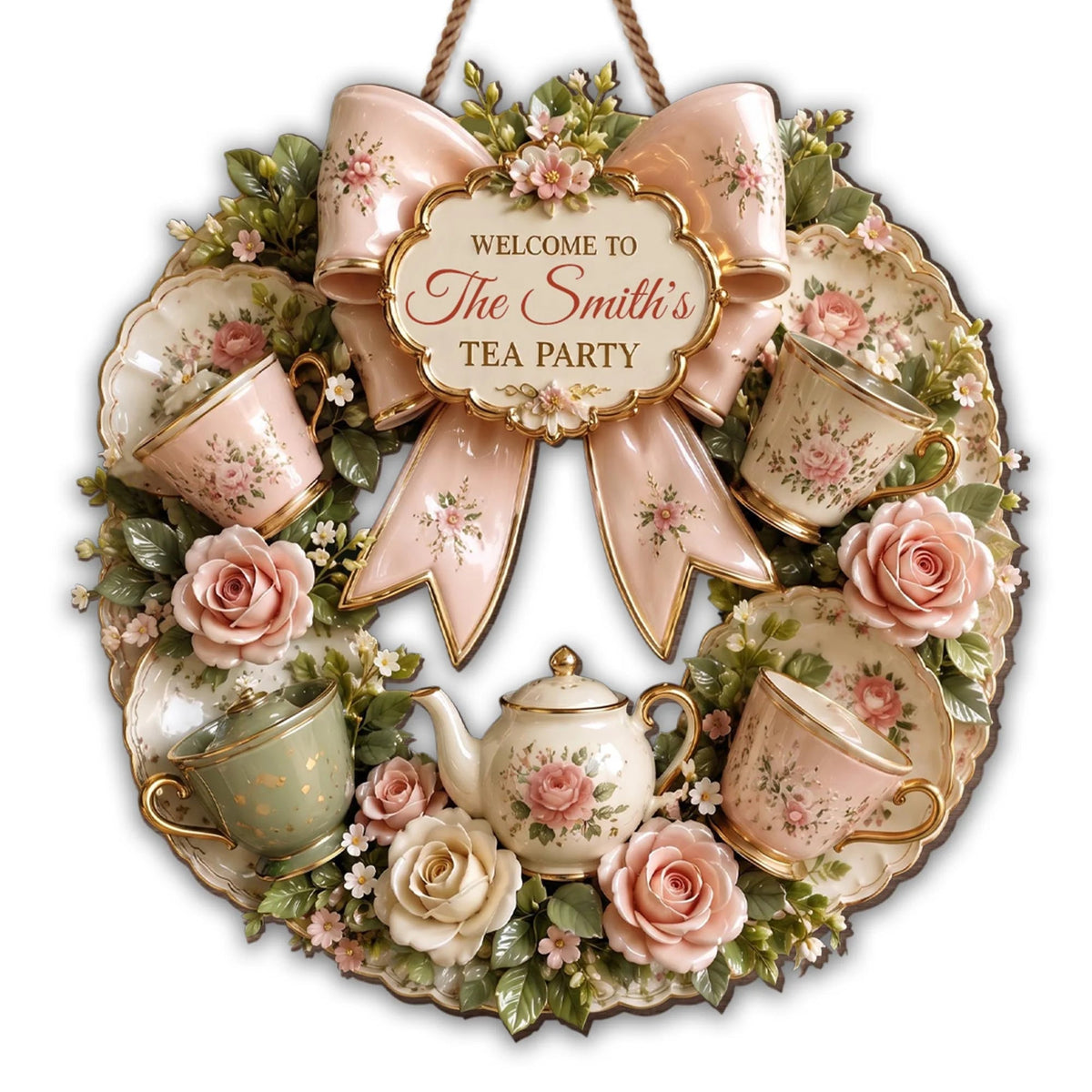 Welcome To Our Tea Party Floral Wreath Sign - Personalized Wood Sign Gift for Tea Lovers & Home Decor
