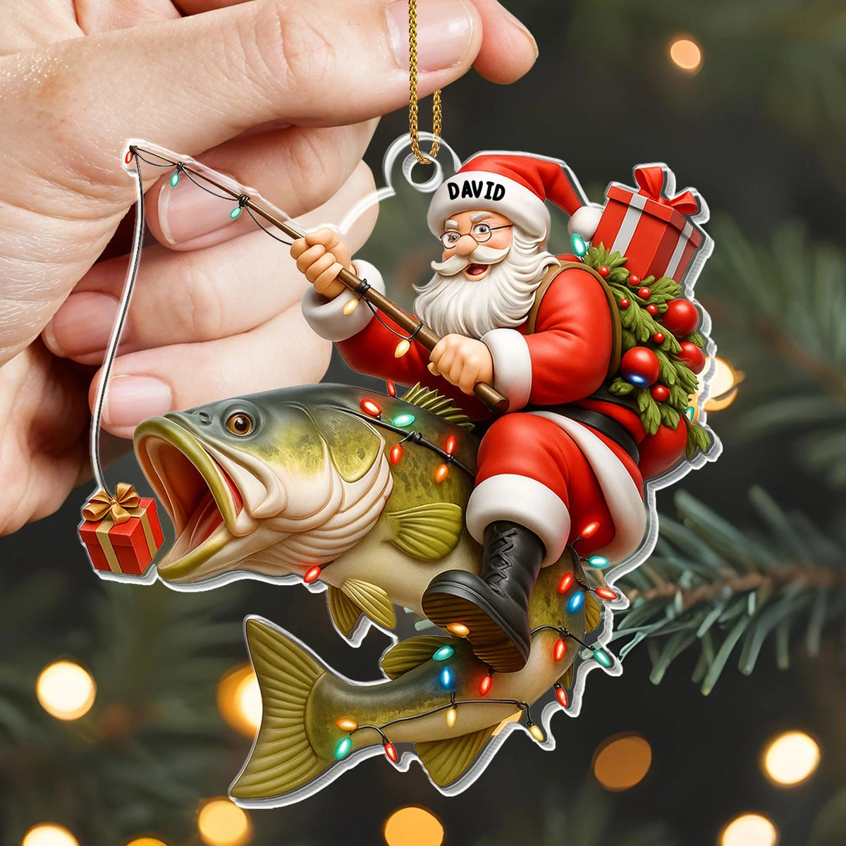 Santa Riding Bass Fishing Acrylic Ornament - Personalized Christmas Keepsake Gift for Anglers and Fishing Dads