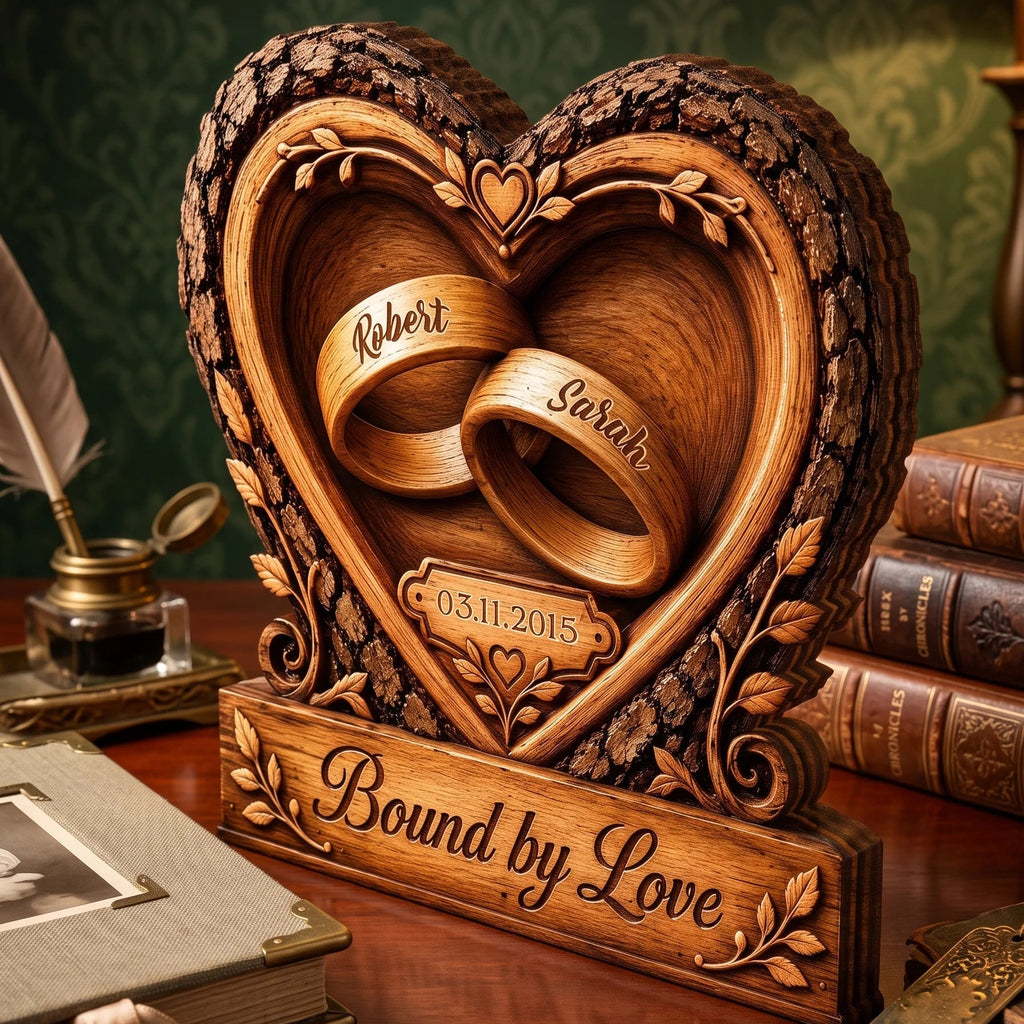 Bound by Love Wedding Rings Heart Personalized Wooden Block - Custom Keepsake Gift for Couples