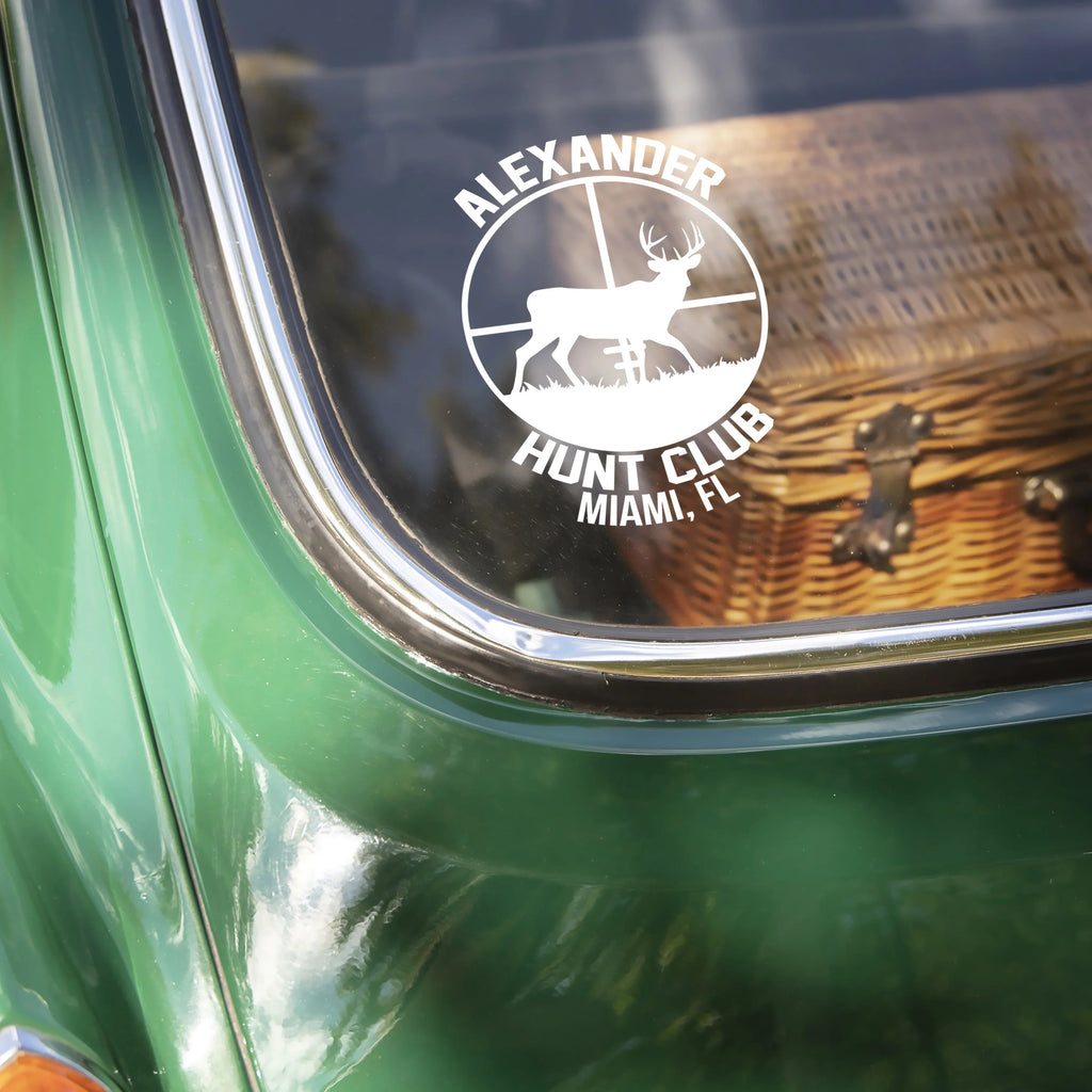 Custom Hunting Club Car Window Decal - Personalized Deer Hunter Sticker Gift