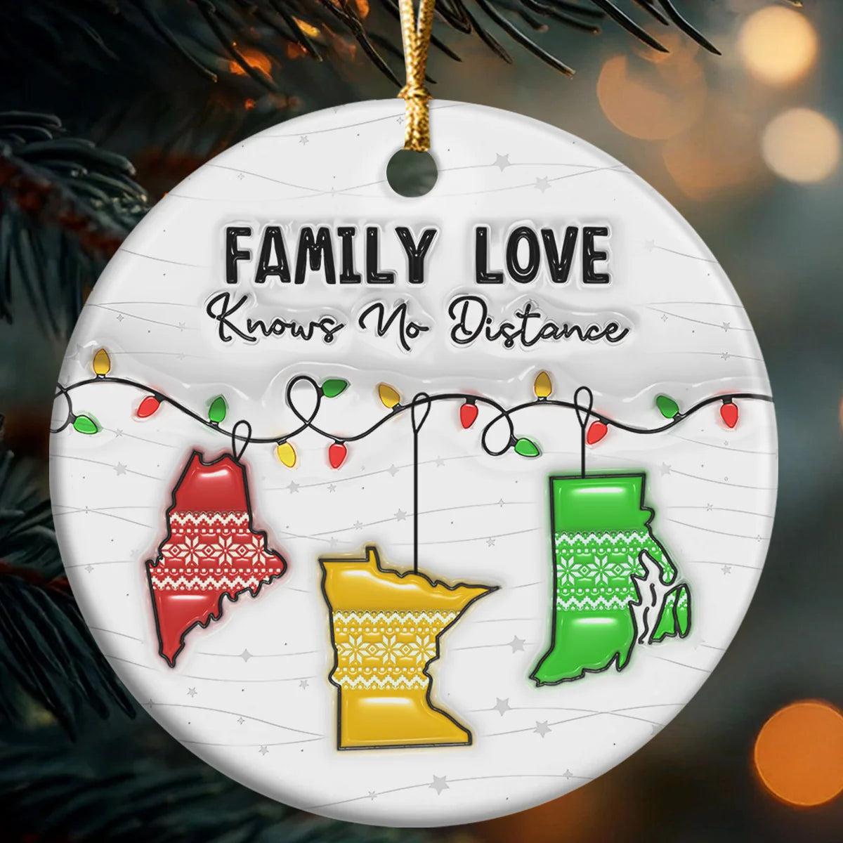 "Family Love Knows No Distance" Personalized Ceramic Ornament - Custom Family Across States Christmas Keepsake Gift