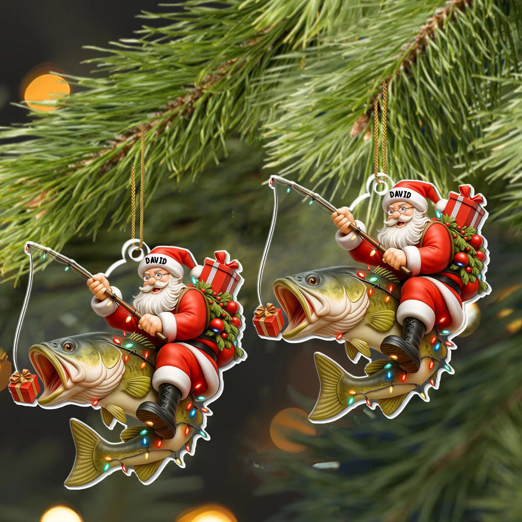 Santa Riding Bass Fishing Acrylic Ornament - Personalized Christmas Keepsake Gift for Anglers and Fishing Dads