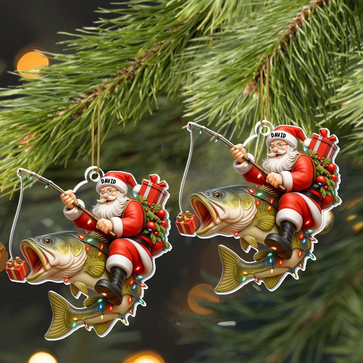 Santa Riding Bass Fishing Acrylic Ornament - Personalized Christmas Keepsake Gift for Anglers and Fishing Dads