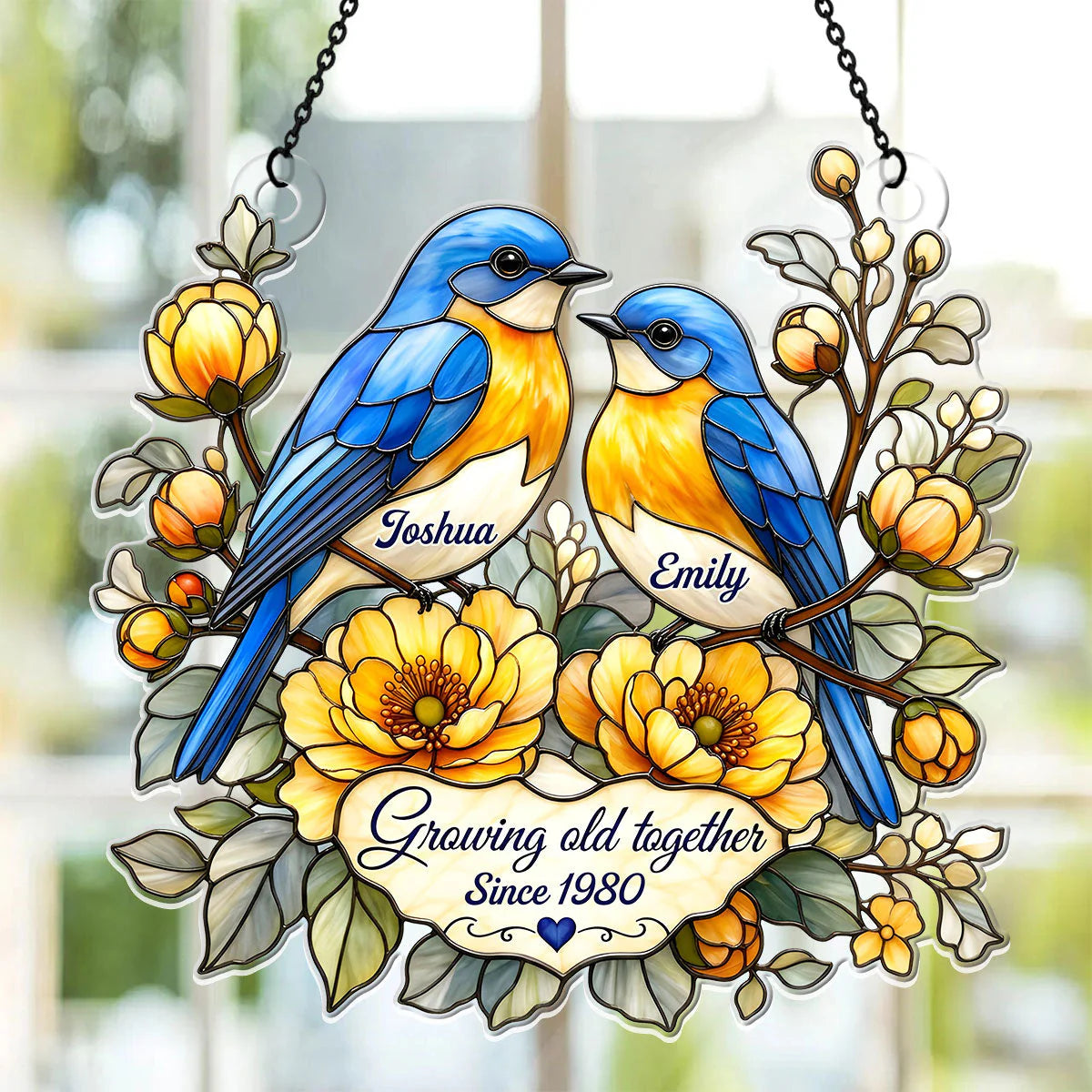 "Growing Old Together" Personalized Two Bluebirds Suncatcher Ornament - Custom Anniversary Gift
