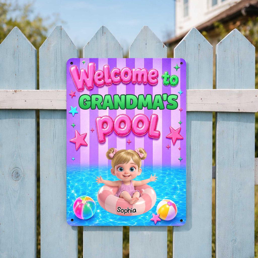 "Welcome to Grandma's Pool" Personalized Metal Sign - Custom Summer Outdoor Pool Decor Gift