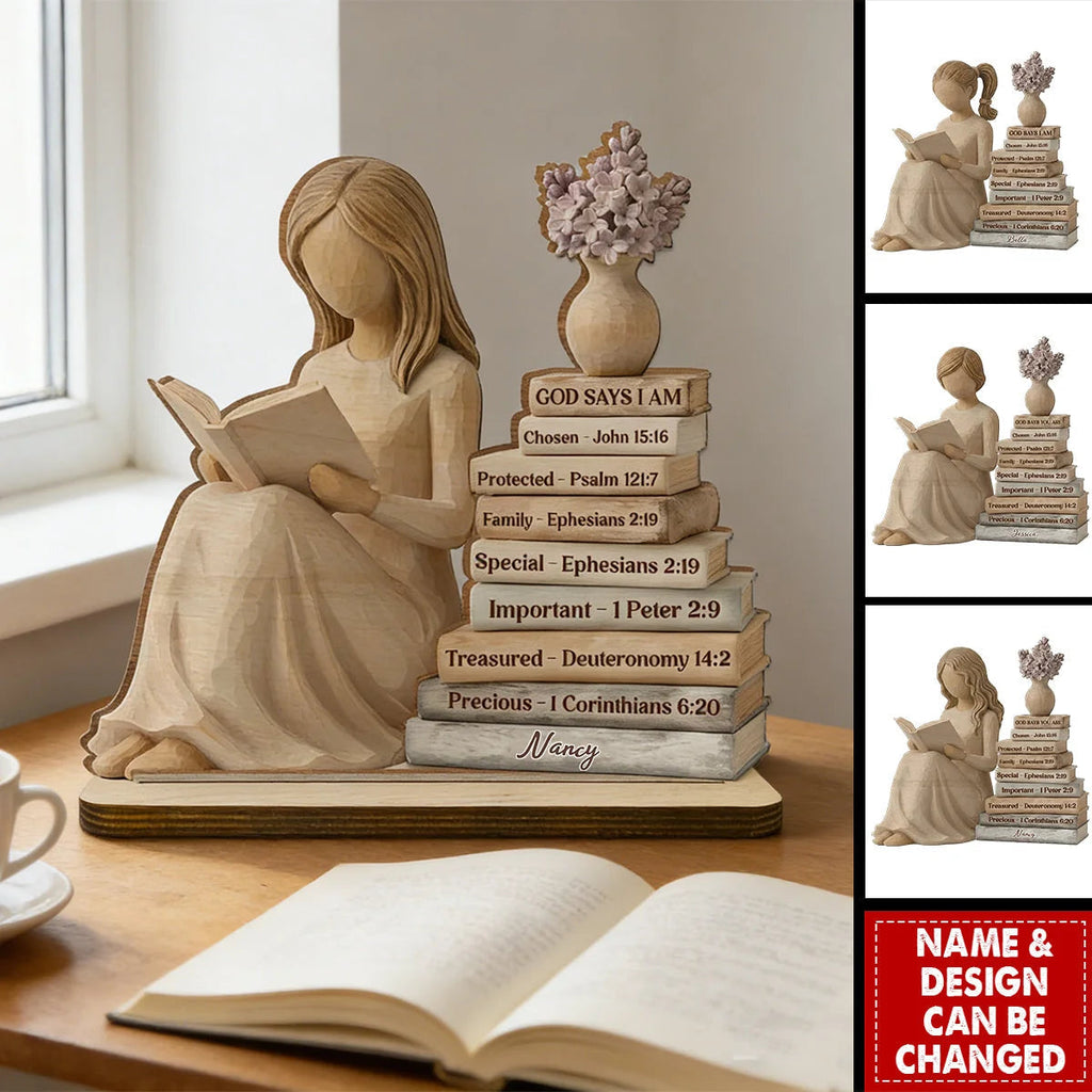 God Says I Am - Personalized Book Stack Wooden Plaque