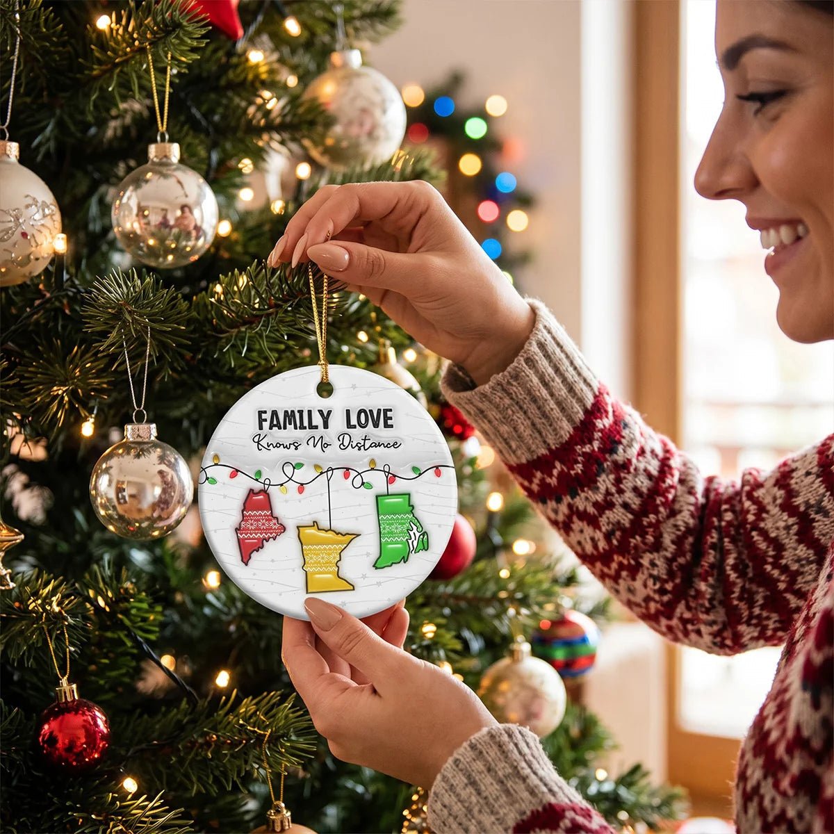 "Family Love Knows No Distance" Personalized Ceramic Ornament - Custom Family Across States Christmas Keepsake Gift