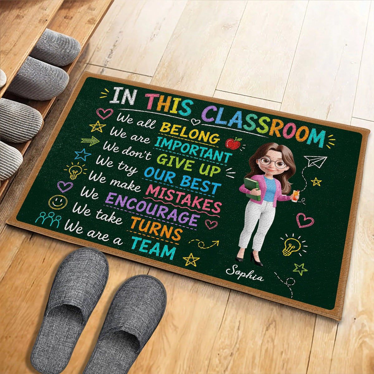 "In This Classroom We All Belong" Personalized Teacher Doormat - Chalkboard Classroom Decor Gift