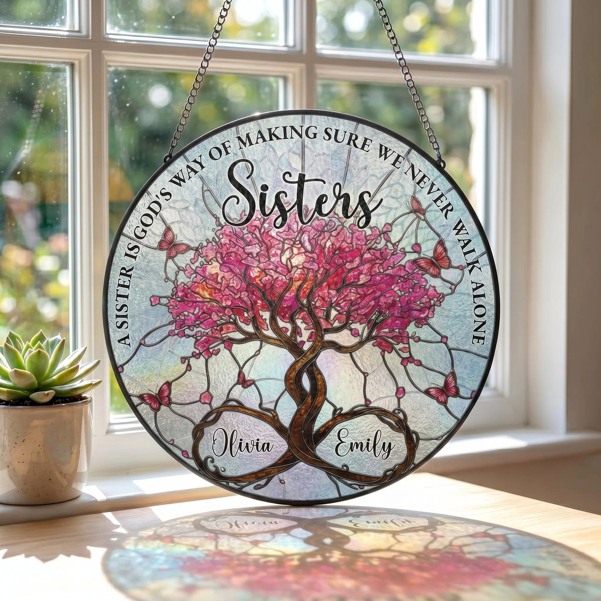 Personalized Sister Tree of Life Stained Glass Suncatcher - Custom Window Hanging Gift for Sisters