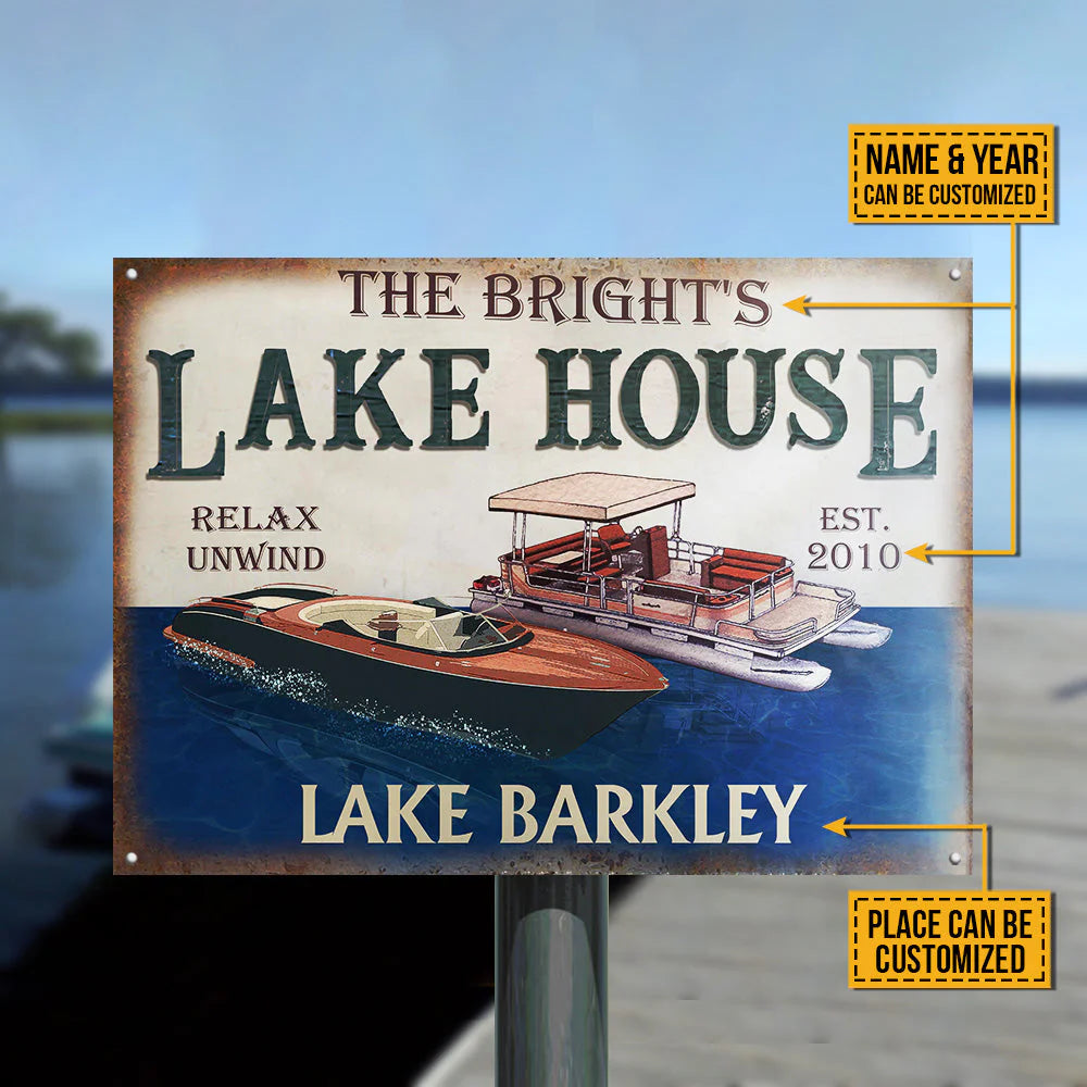 Lake House Relax Unwind Personalized Metal Sign - Custom Pontoon Speedboat Decor Gift