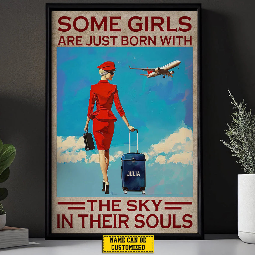 "Some Girls Are Just Born With The Sky" Personalized Stewardess Canvas / Poster - Custom Wall Art Gift for Flight Attendant