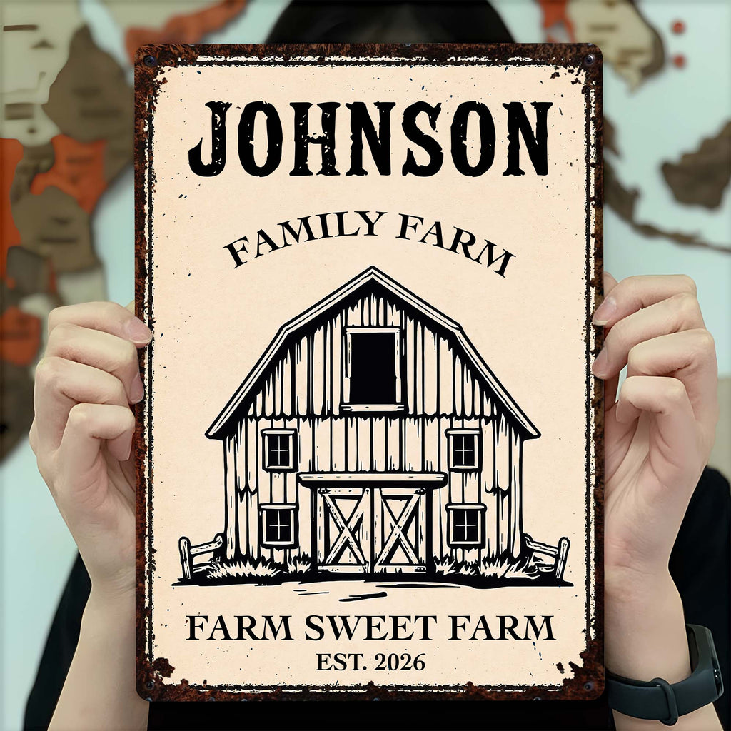"Farm Sweet Farm" Personalized Metal Sign - Custom Family Name Barn Decor