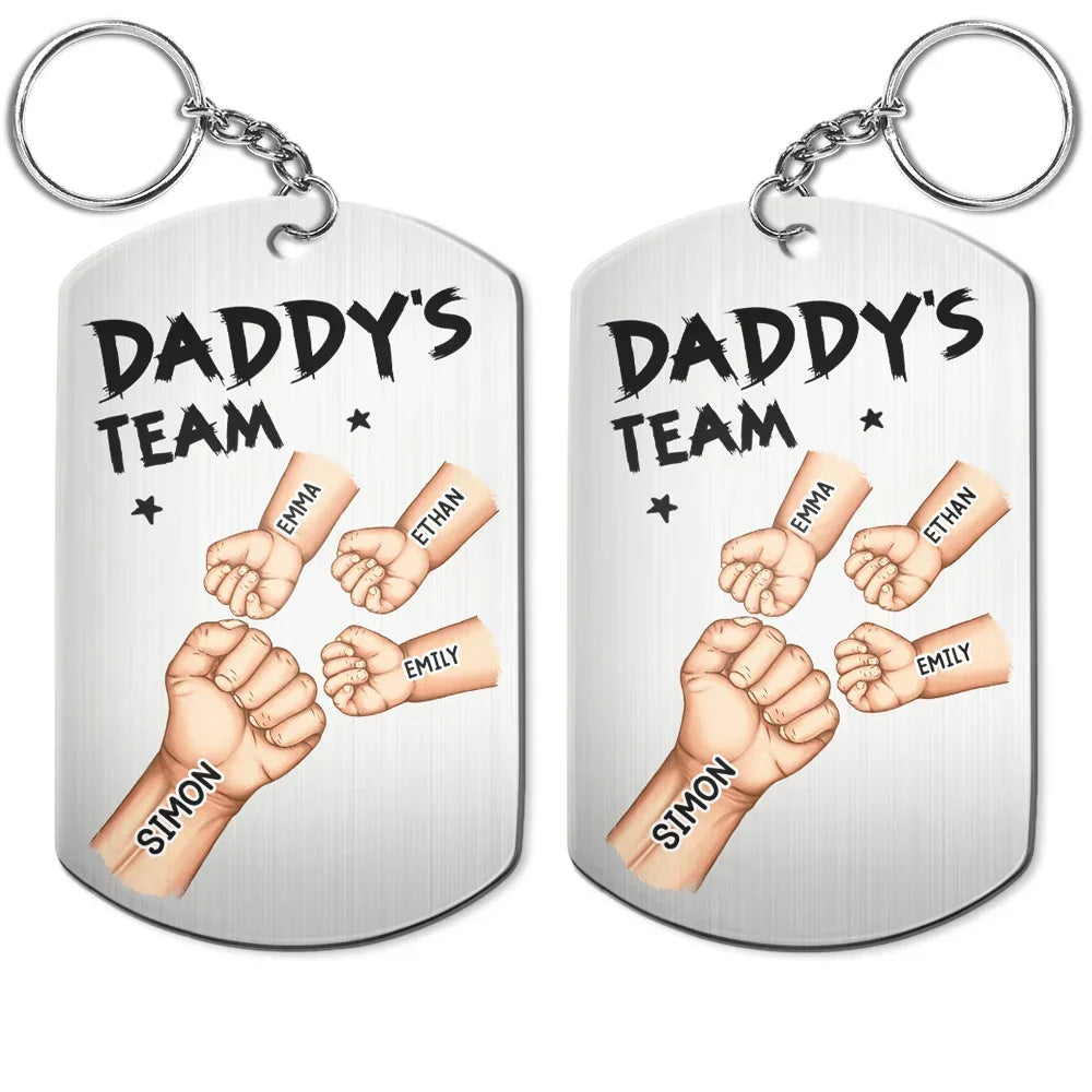 Daddy's Team Fist Bump Personalized Keychain - Custom Gift with Kids Names