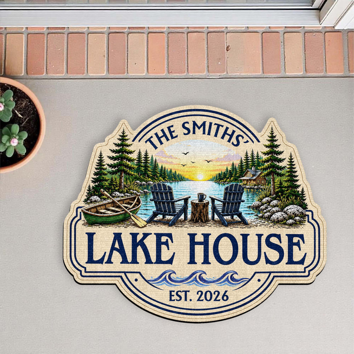 Our Lake House Sunset Adirondack Chairs - Personalized Custom Shaped Doormat Gift for Family