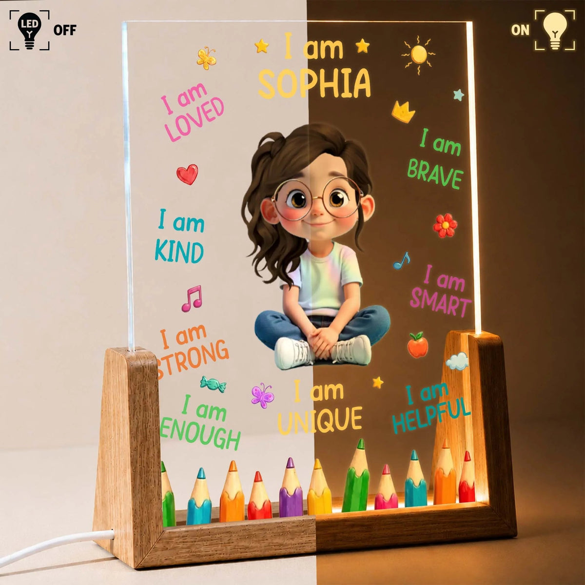 I Am Loved Kind Strong Custom Name LED Night Light - Personalized Kids Affirmations Gift