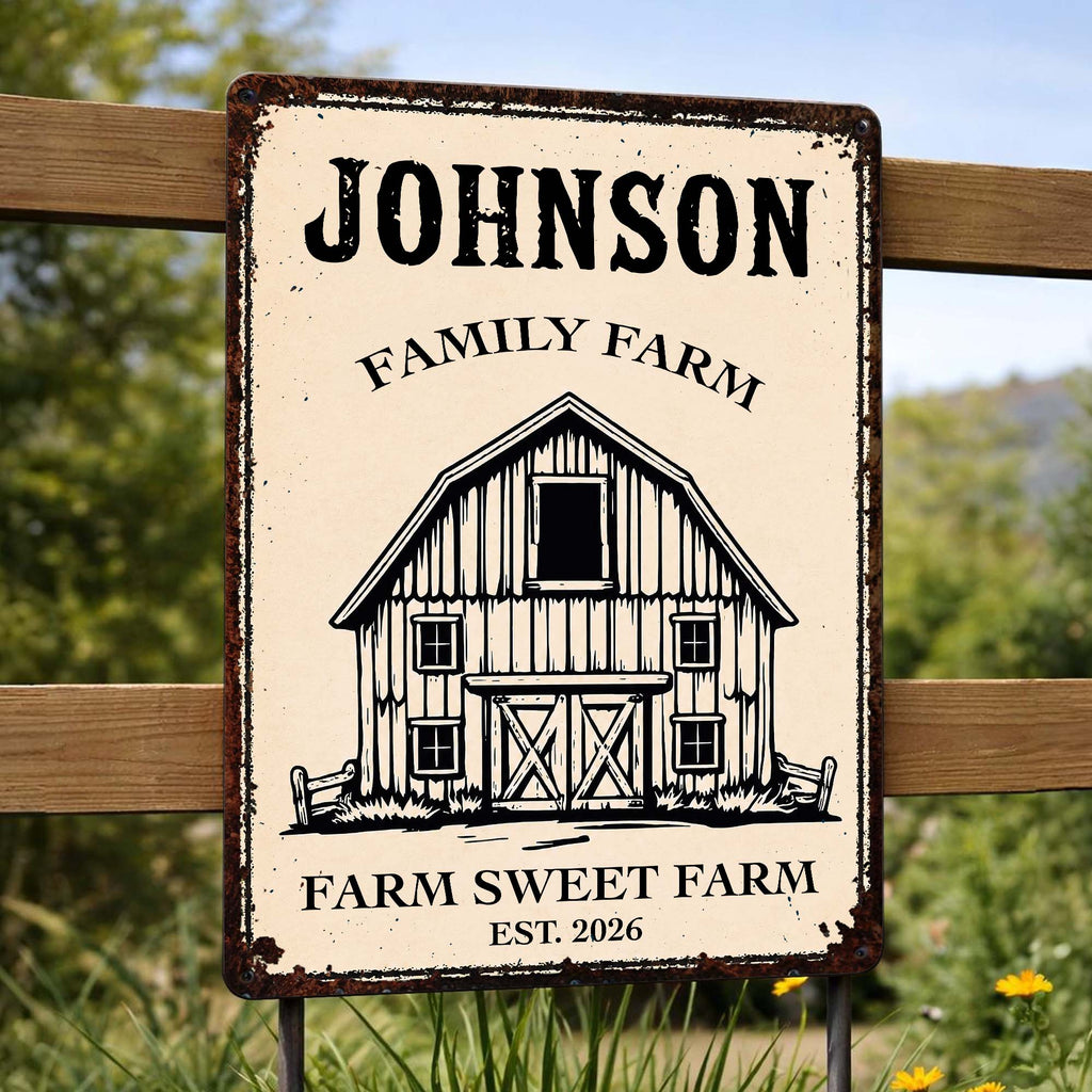 "Farm Sweet Farm" Personalized Metal Sign - Custom Family Name Barn Decor