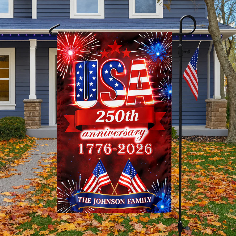 USA 250th Anniversary Personalized Garden Flag - Custom Family Name Fireworks Patriotic Decor
