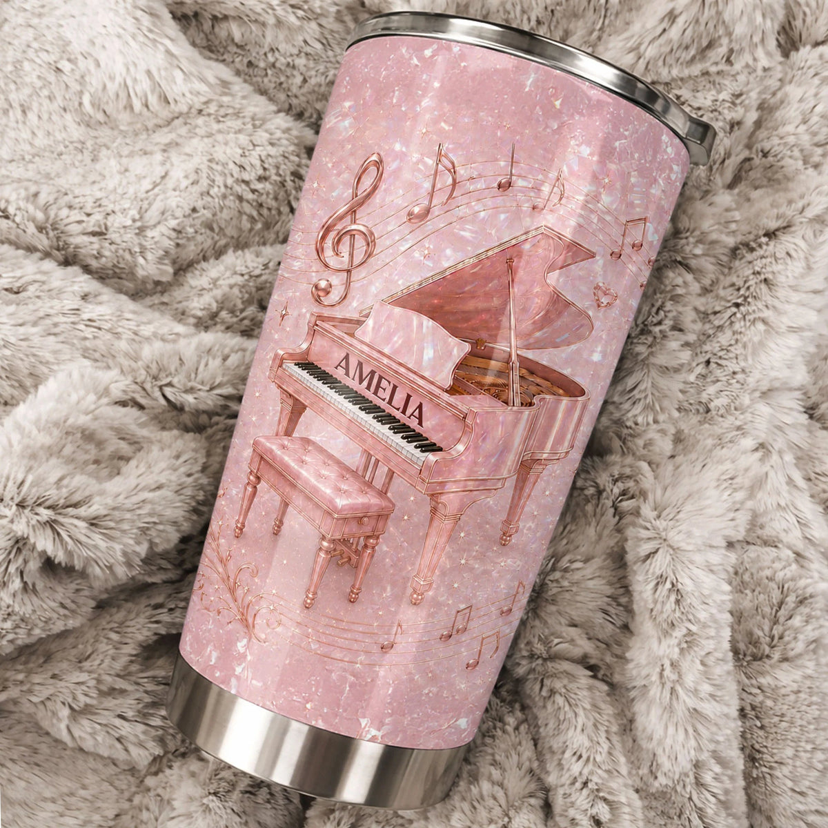 Pink Grand Piano Musical Notes Personalized Tumbler - Custom Gift for Pianist Music Lovers
