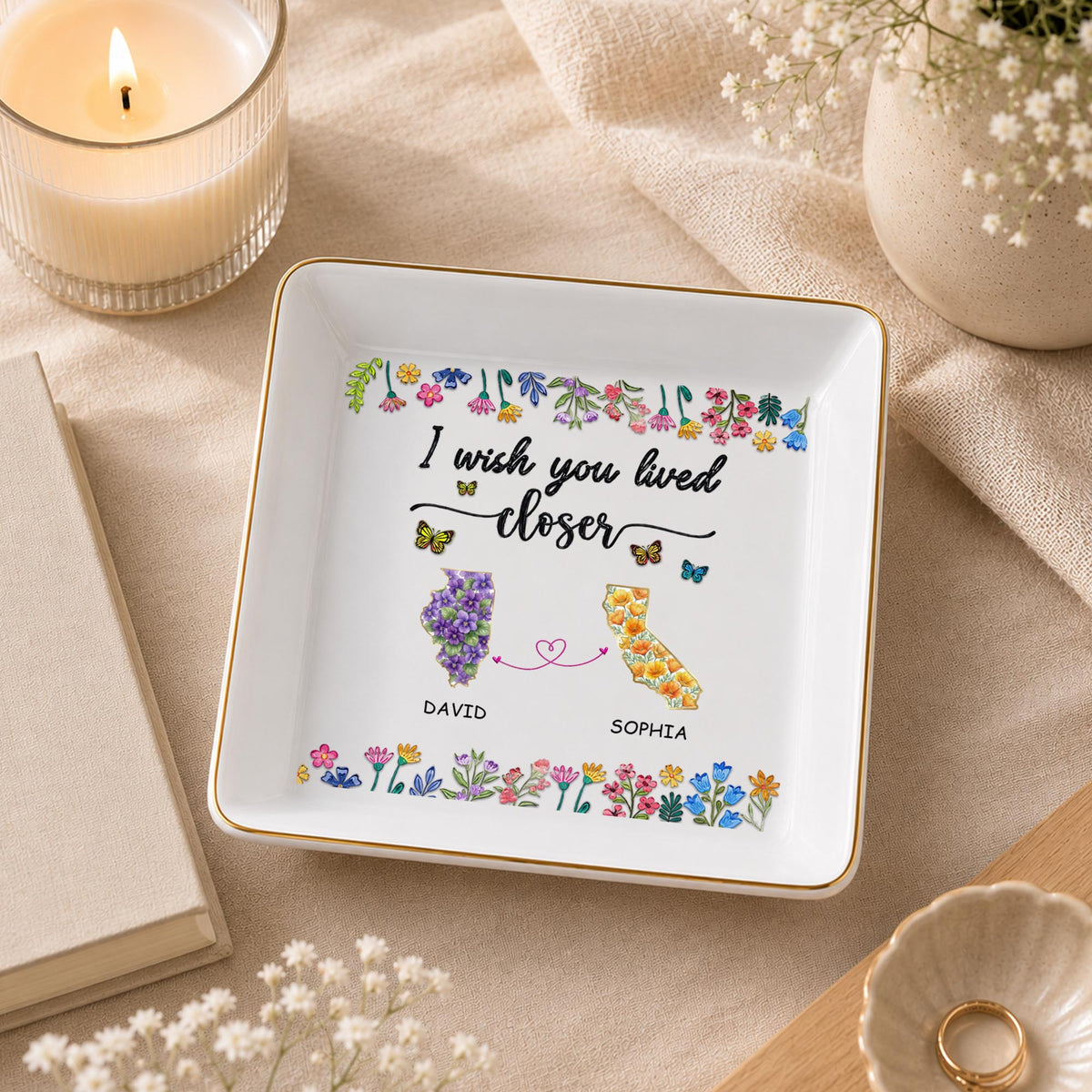 "I Wish You Lived Closer" Custom Flower State Map Jewelry Dish - Long Distance Gift for Best Friend