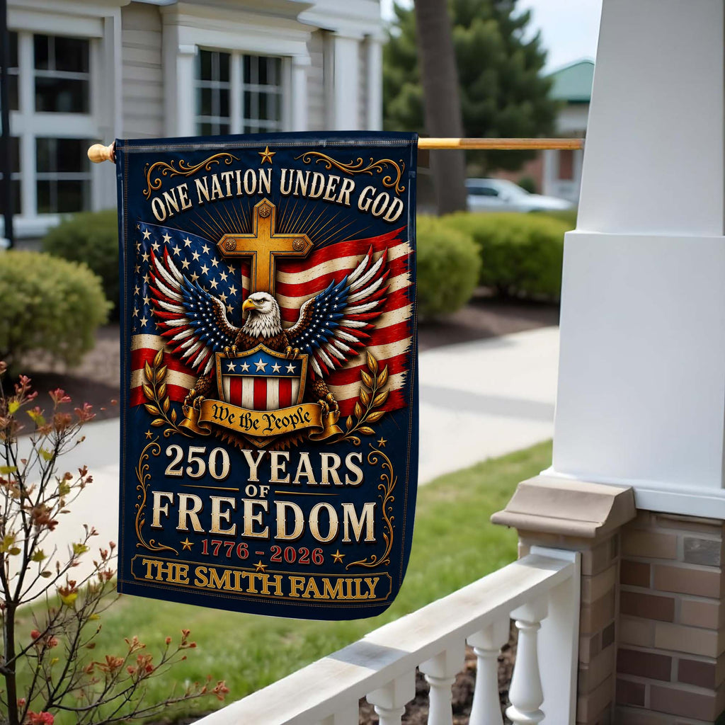 "One Nation Under God" Personalized Garden Flag - Custom Family Name 250 Years of Freedom American Patriotic Decor