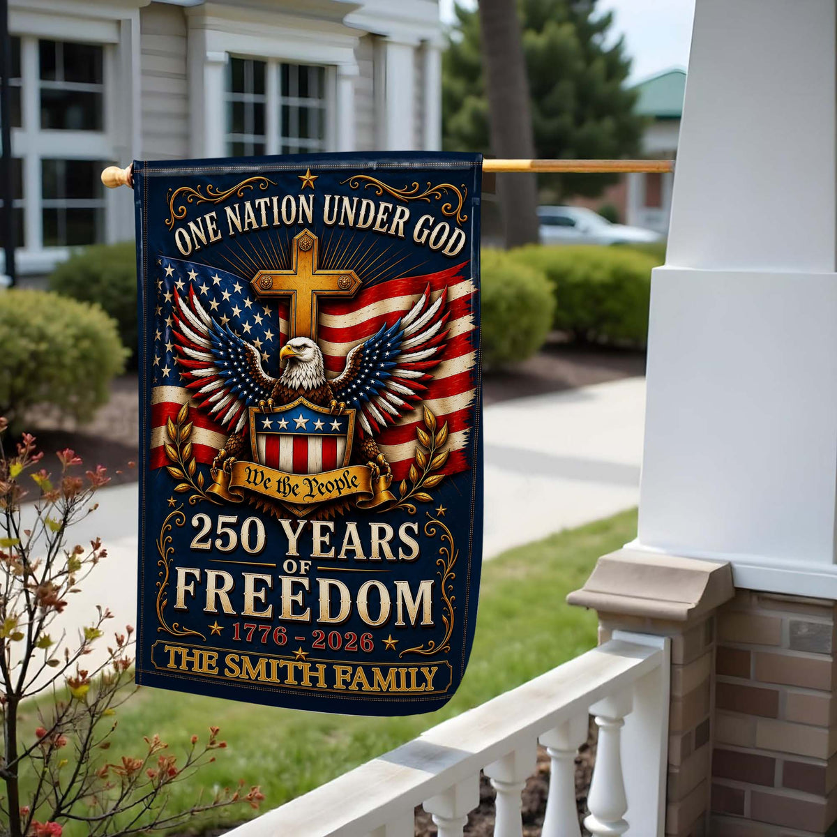 "One Nation Under God" Personalized Garden Flag - Custom Family Name 250 Years of Freedom American Patriotic Decor