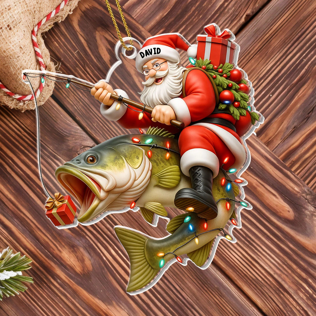 Santa Riding Bass Fishing Acrylic Ornament - Personalized Christmas Keepsake Gift for Anglers and Fishing Dads