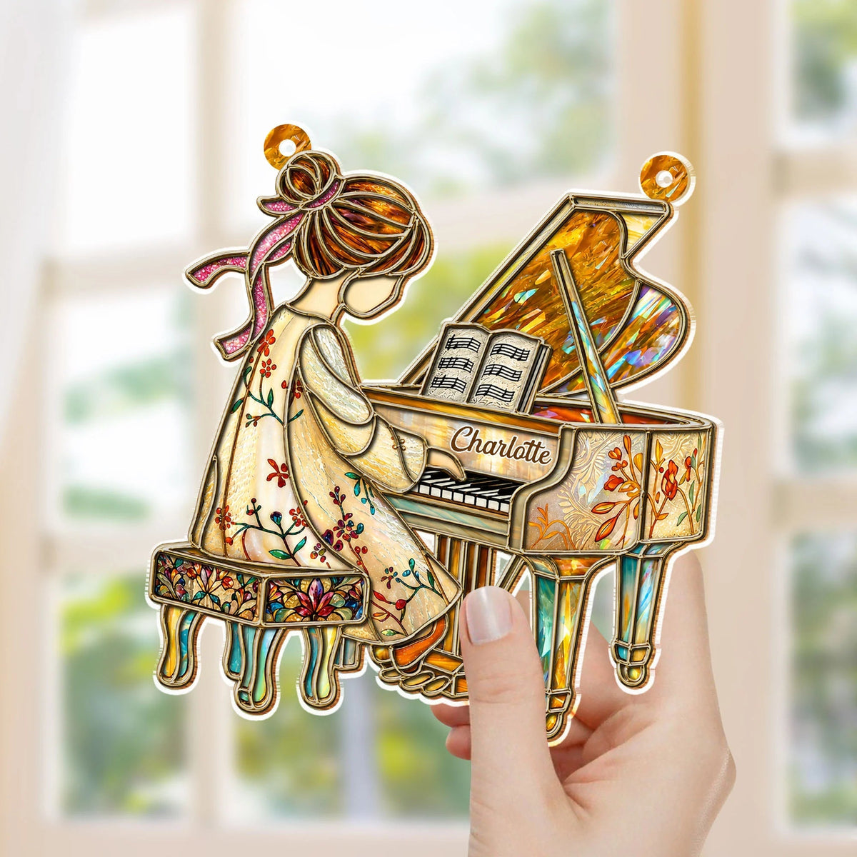 Girl Playing Piano Suncatcher Ornament - Personalized Custom Music Gift for Pianists & Music Lovers