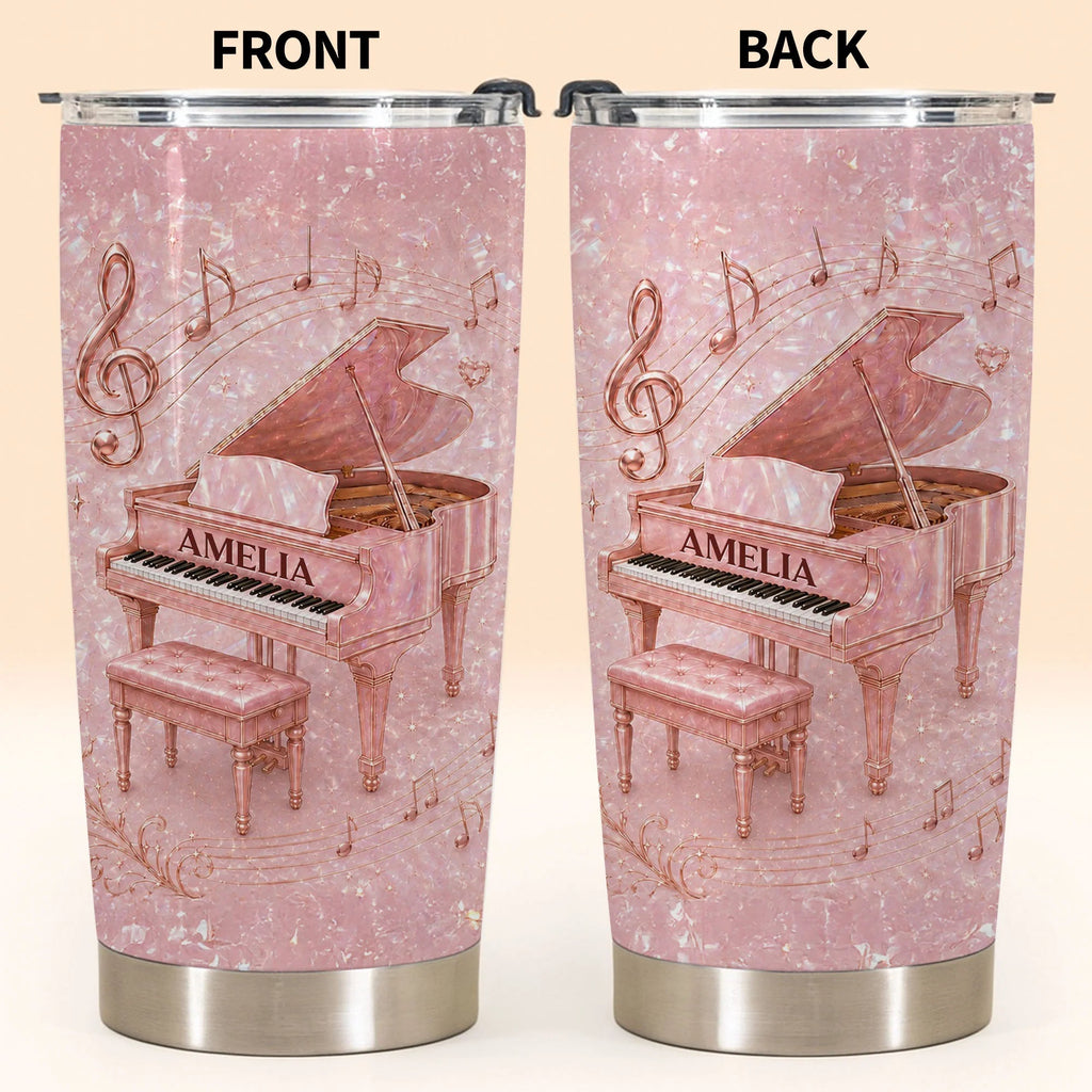 Pink Grand Piano Musical Notes Personalized Tumbler - Custom Gift for Pianist Music Lovers