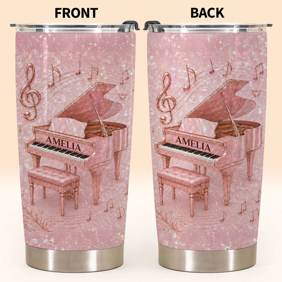 Pink Grand Piano Musical Notes Personalized Tumbler - Custom Gift for Pianist Music Lovers