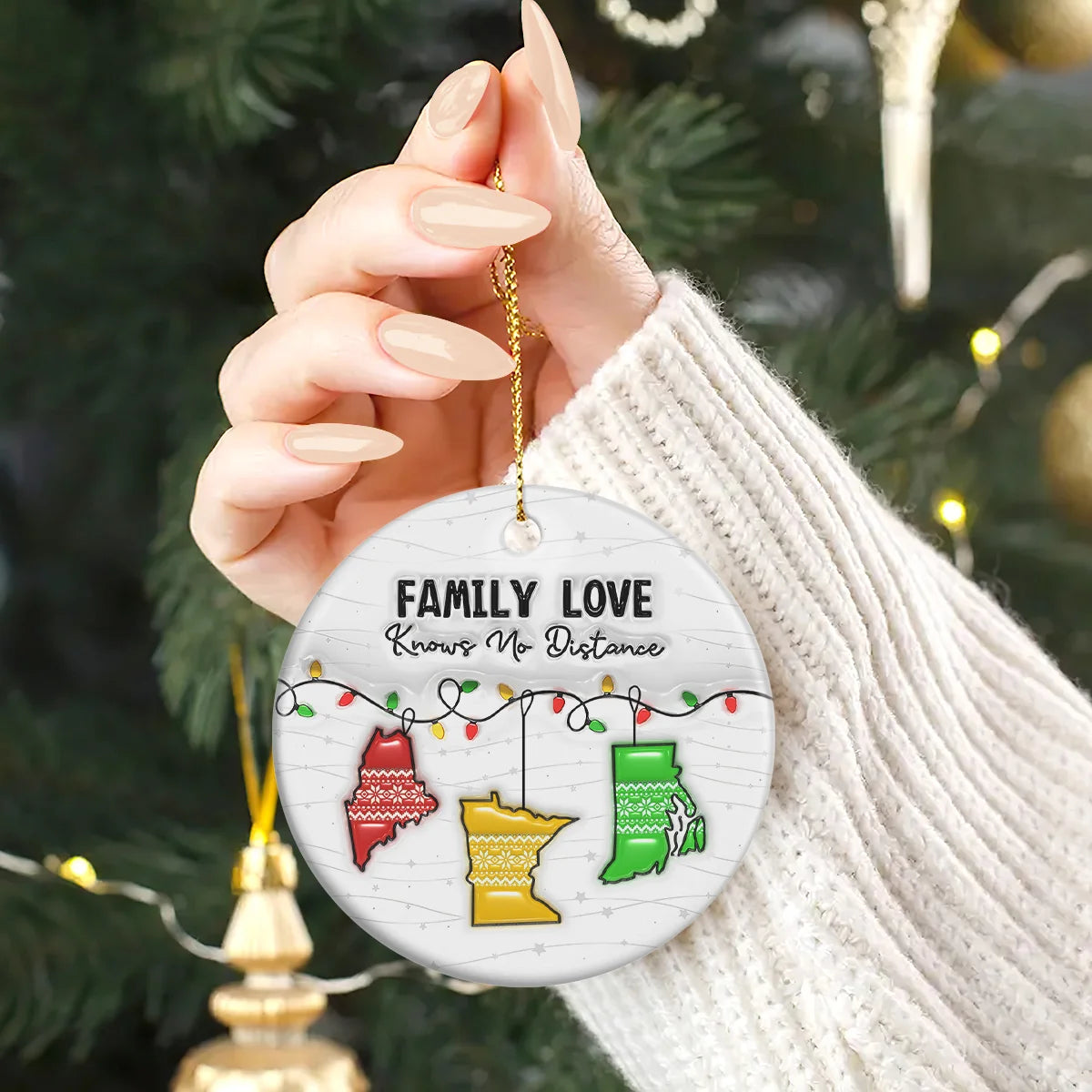 "Family Love Knows No Distance" Personalized Ceramic Ornament - Custom Family Across States Christmas Keepsake Gift