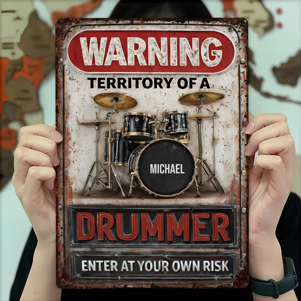 Warning Territory Of A Drummer Personalized Metal Sign - Custom Music Studio Wall Art Gift for Drummers & Musicians