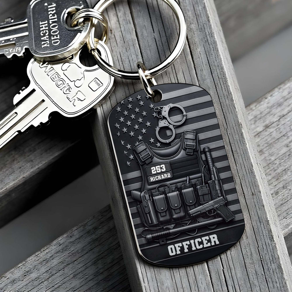 Tactical Police Vest American Flag Personalized Metal Keychain - Custom Law Enforcement Officer Gift
