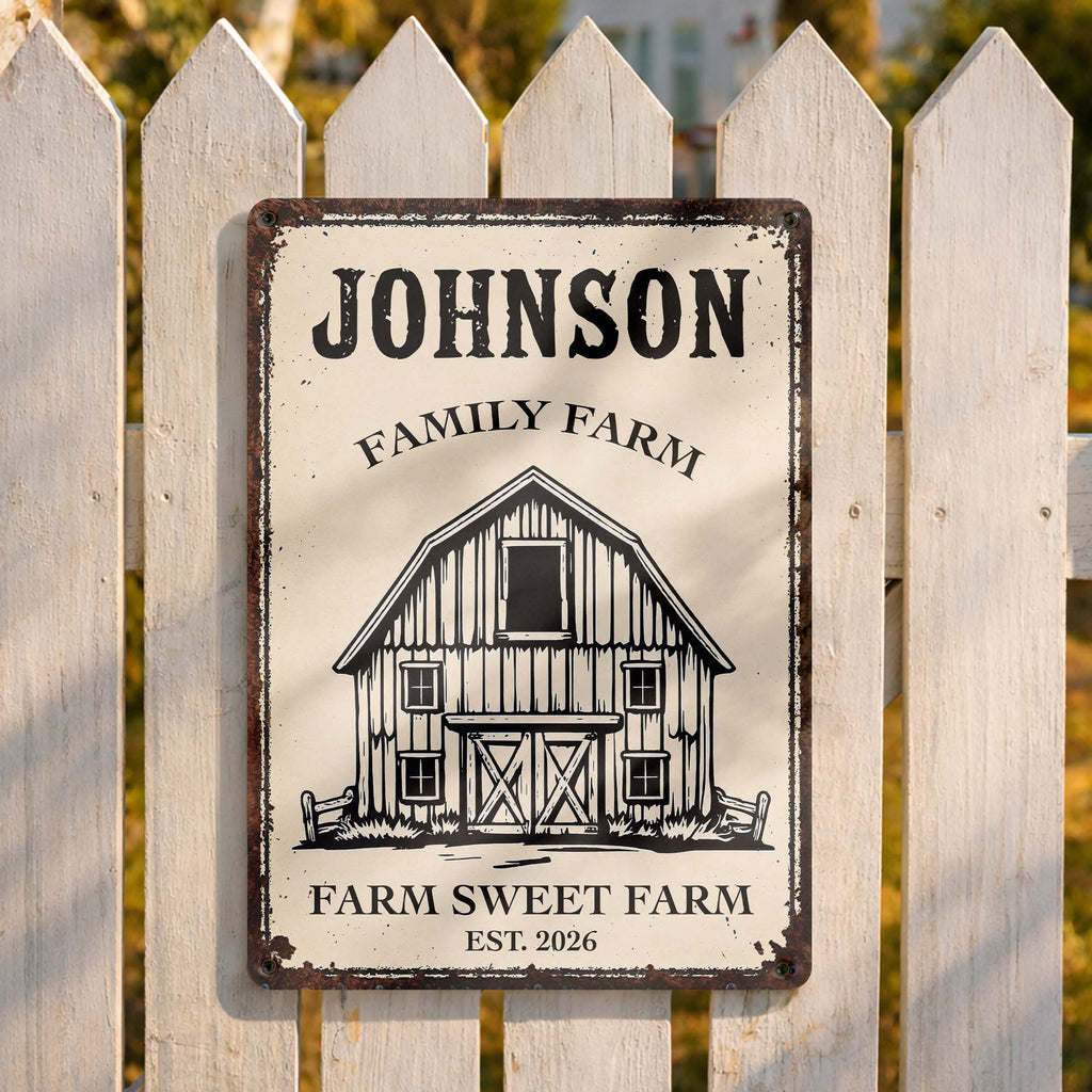 "Farm Sweet Farm" Personalized Metal Sign - Custom Family Name Barn Decor