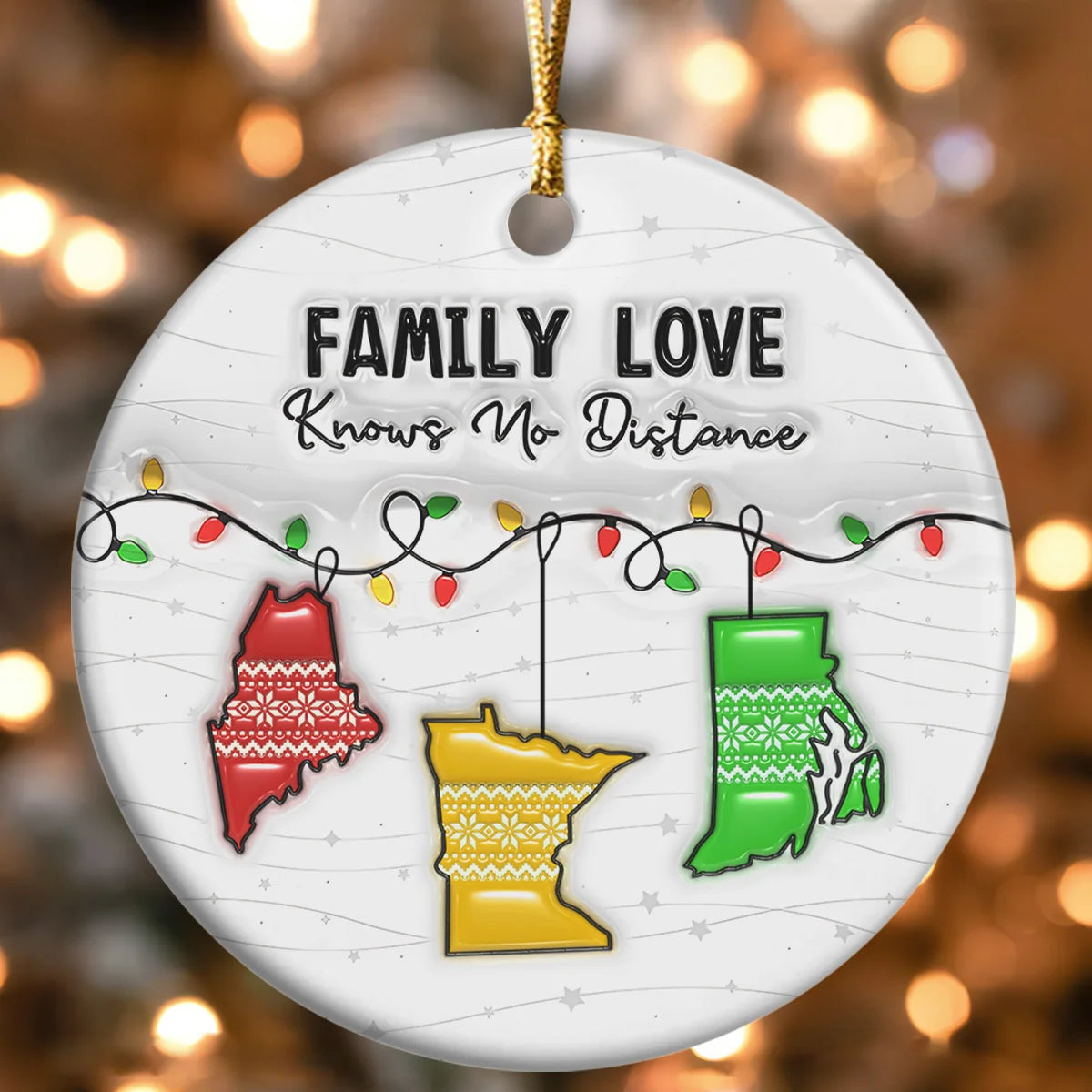 "Family Love Knows No Distance" Personalized Ceramic Ornament - Custom Family Across States Christmas Keepsake Gift