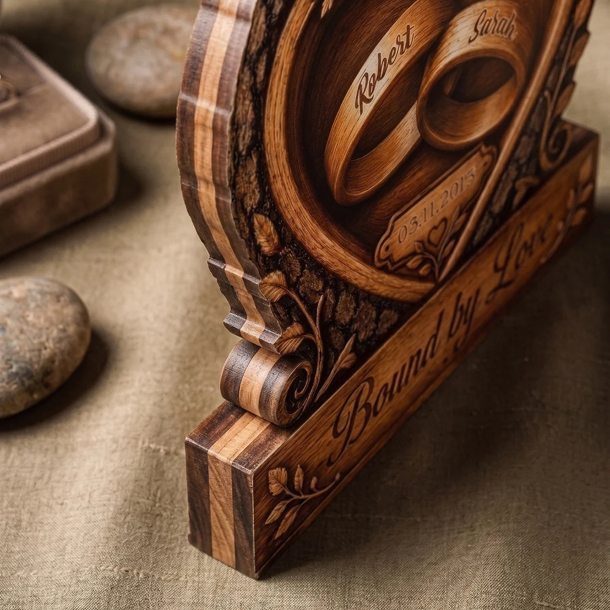 Bound by Love Wedding Rings Heart Personalized Wooden Block - Custom Keepsake Gift for Couples