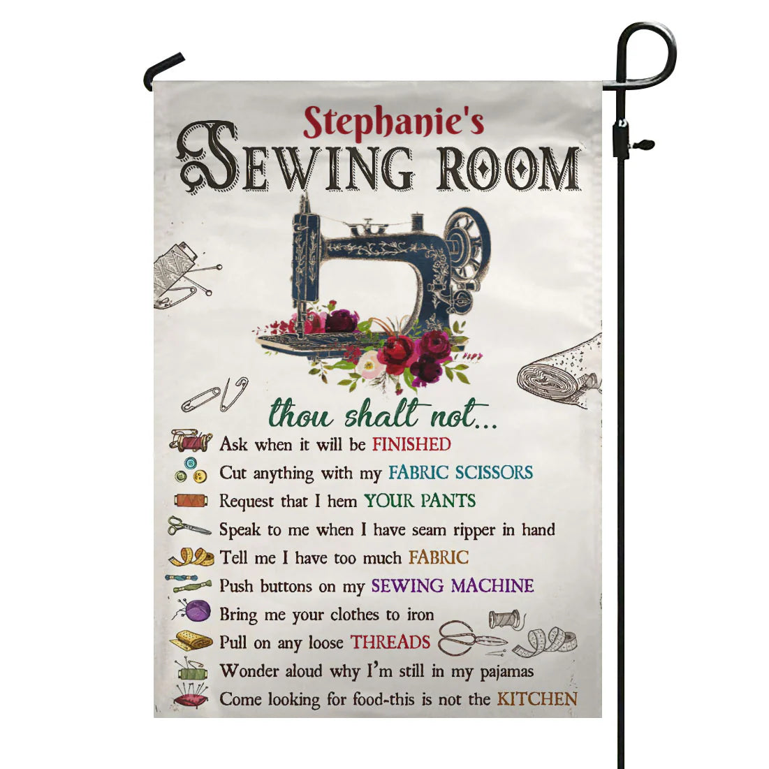 Sewing Room Rules Personalized Garden Flag - Custom Sewing Gift for Quilting and Craft Lovers