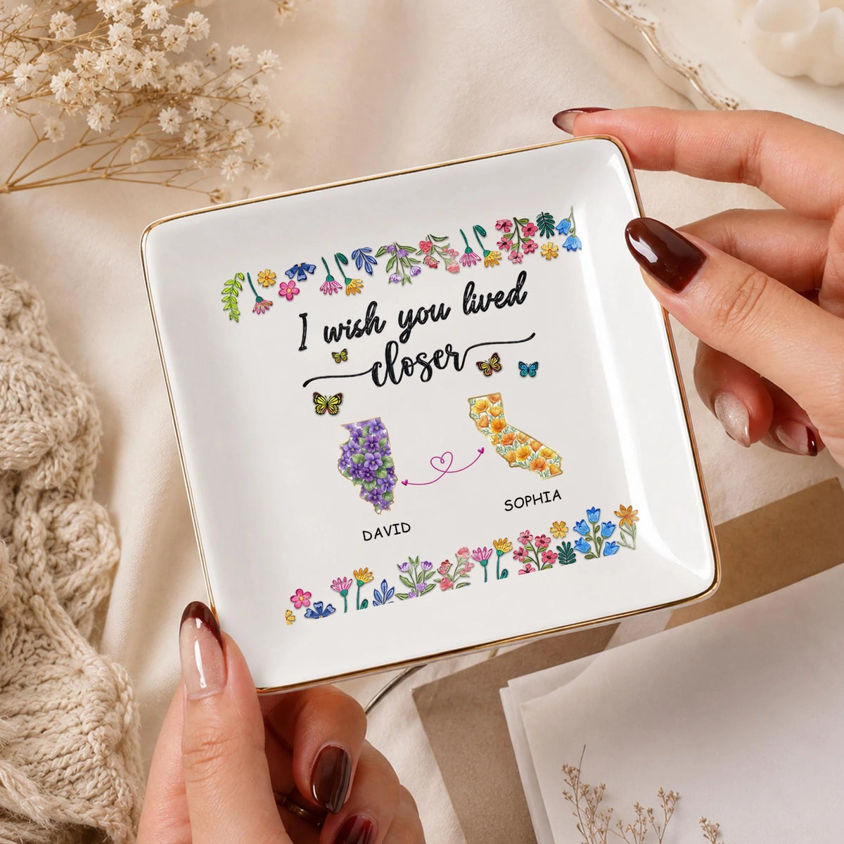 "I Wish You Lived Closer" Custom Flower State Map Jewelry Dish - Long Distance Gift for Best Friend