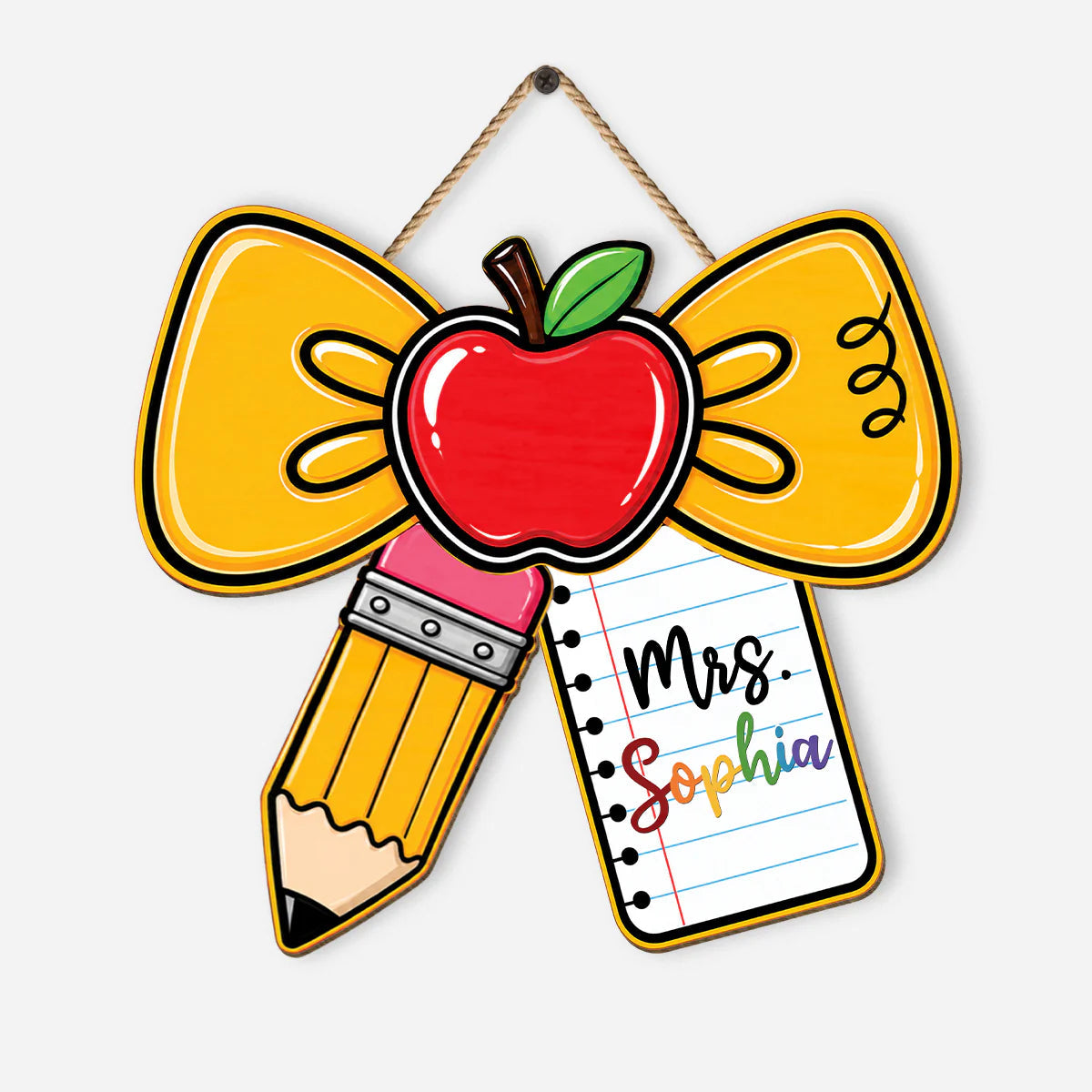 Pencil Bow Custom Teacher Wood Sign - Personalized Classroom Name Gift for Back to School