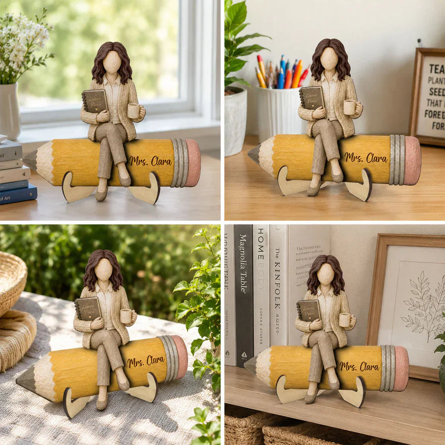 Custom Teacher Sitting On Pencil Wooden Plaque - Personalized Teacher Appreciation Gift