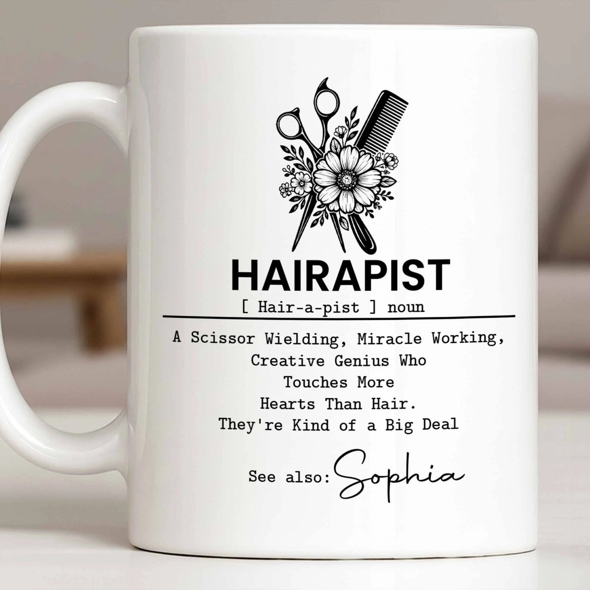 "Hairapist Miracle Worker" Personalized Hair Stylist Mug - Custom Name Gift for Hairdressers & Cosmetologists